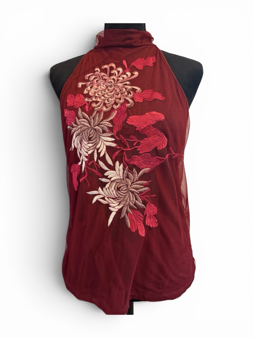 NWT Anthropologie Embroidered High-Neck Tank Top in Burgundy and Blush - Picture 2 of 9